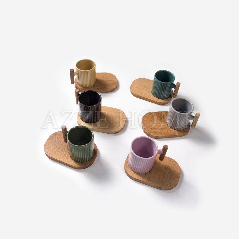 Espresso cups- Ceramic Wooden Decorative Mugs– Wooden Handle – Different colors mugs, 1 set (6 pieces)