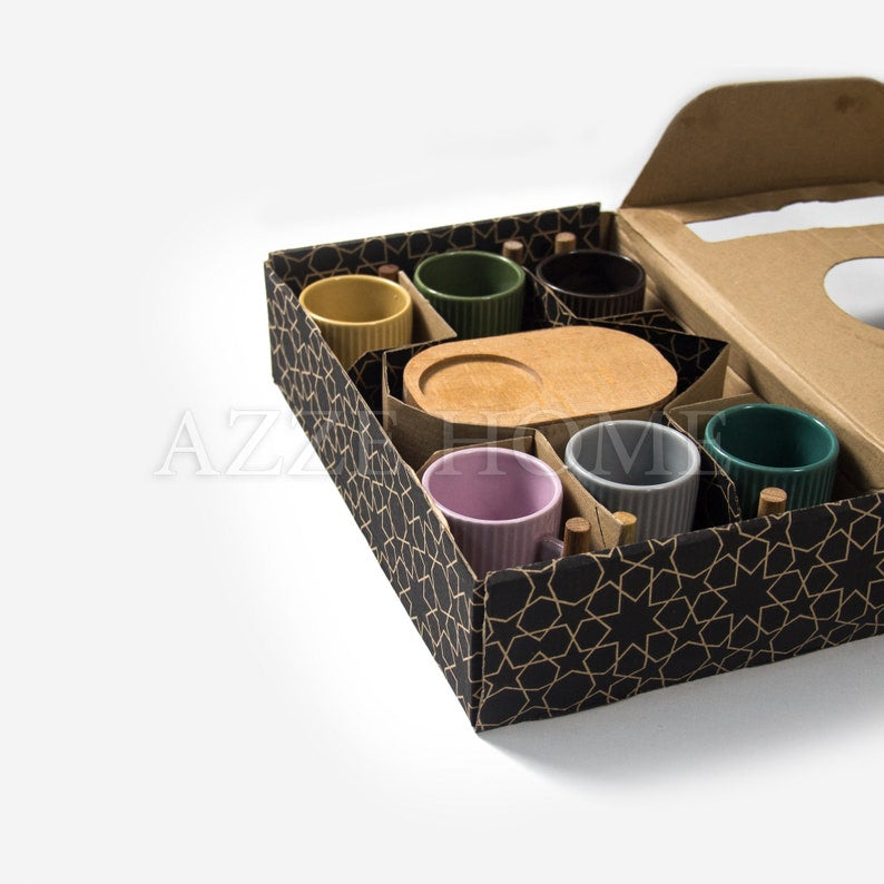 Espresso cups- Ceramic Wooden Decorative Mugs– Wooden Handle – Different colors mugs, 1 set (6 pieces)