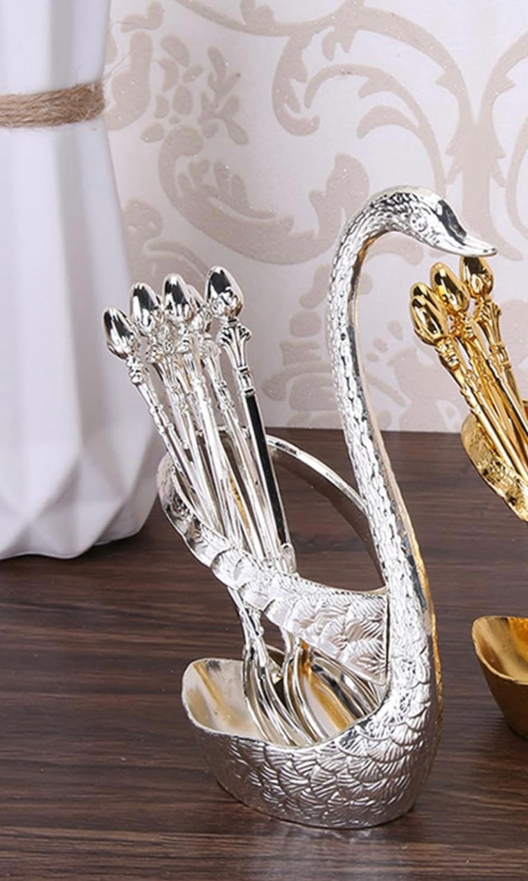 Decorative Golden or Silver Swan Spoon Holder with 6 spoons