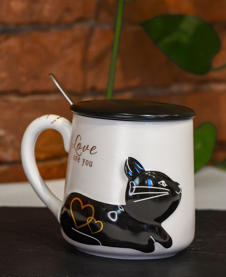 Purrfect Pair: Charming Cat-Embossed Mugs with Lid and Spoon (set of 2)