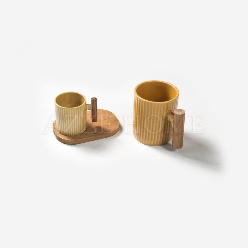 Espresso cups- Ceramic Wooden Decorative Mugs– Wooden Handle – Different colors mugs, 1 set (6 pieces)