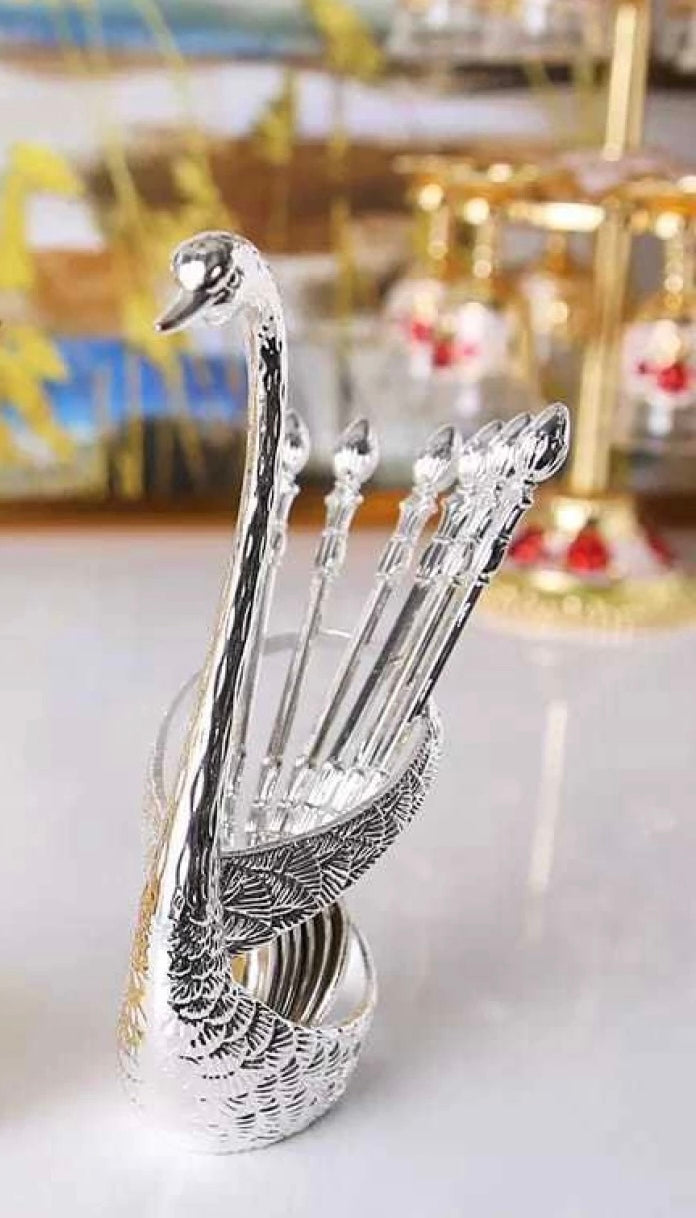 Decorative Golden or Silver Swan Spoon Holder with 6 spoons