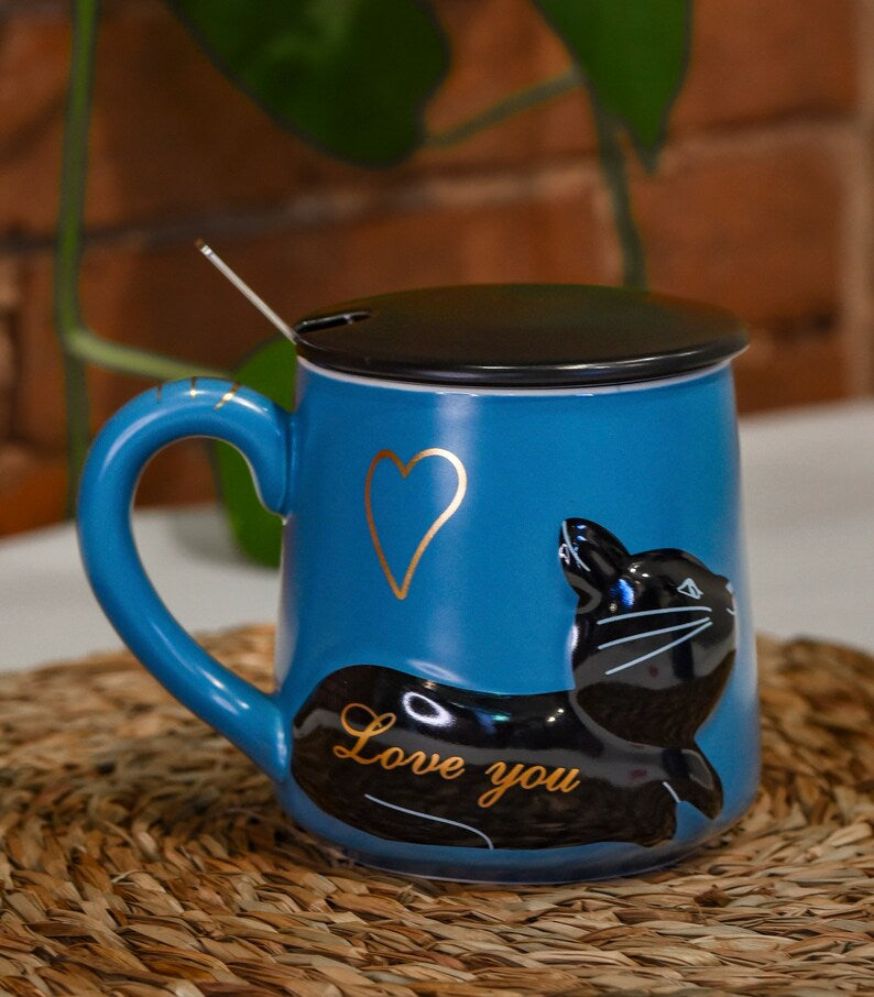 Purrfect Pair: Charming Cat-Embossed Mugs with Lid and Spoon (set of 2)