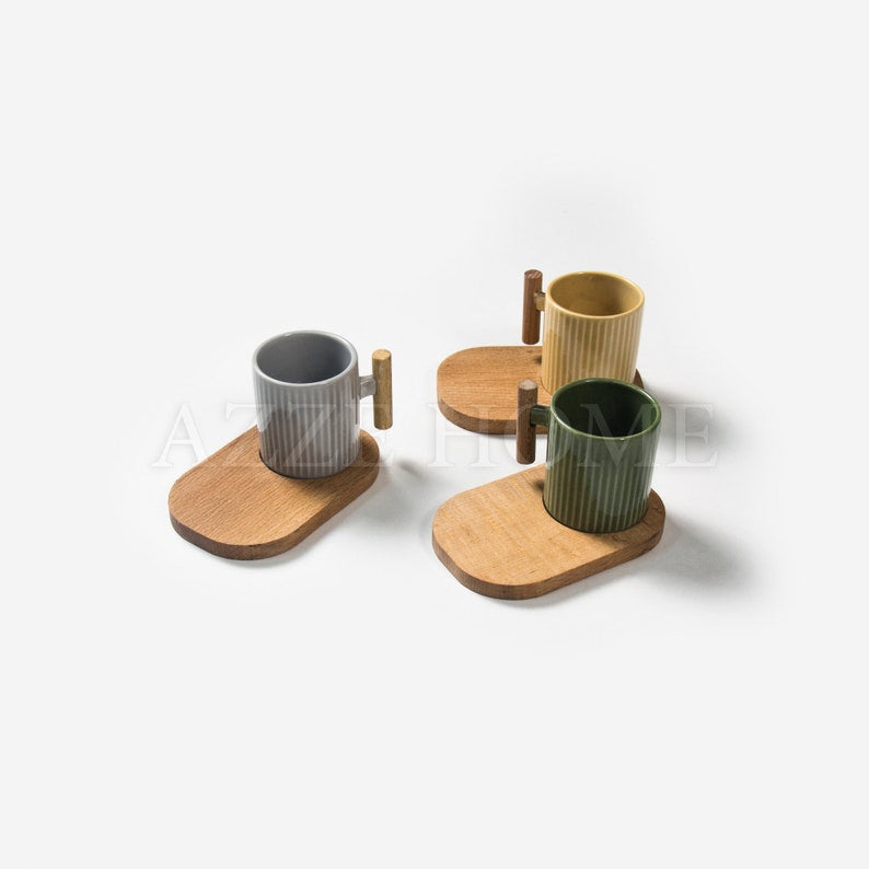 Espresso cups- Ceramic Wooden Decorative Mugs– Wooden Handle – Different colors mugs, 1 set (6 pieces)