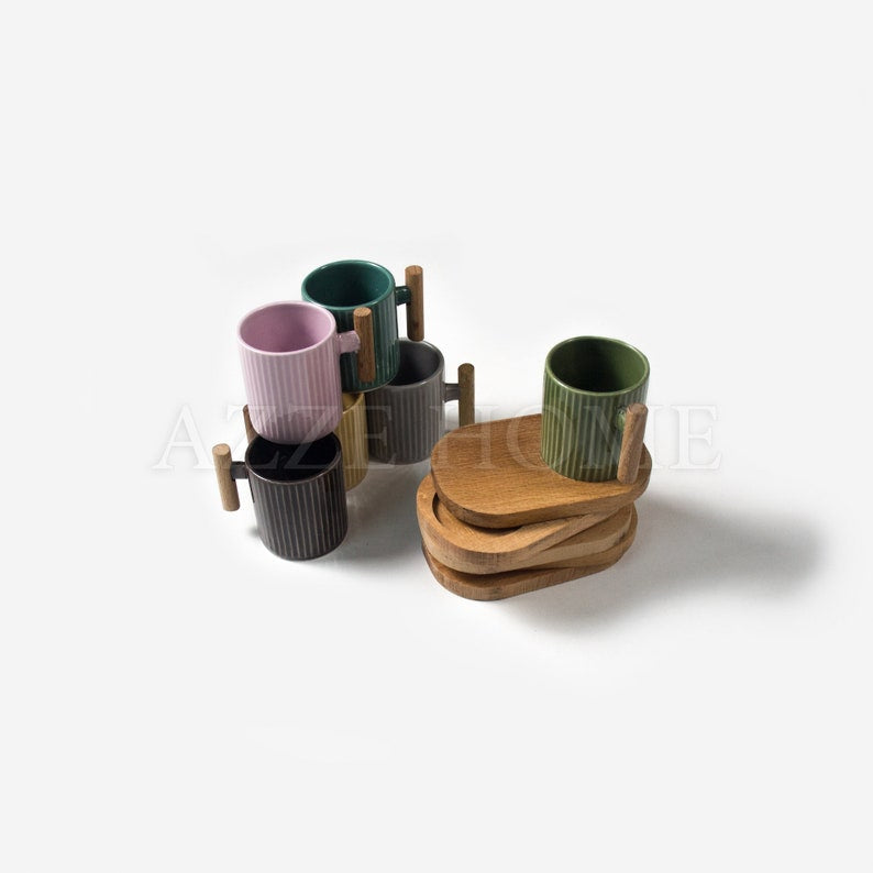 Espresso cups- Ceramic Wooden Decorative Mugs– Wooden Handle – Different colors mugs, 1 set (6 pieces)