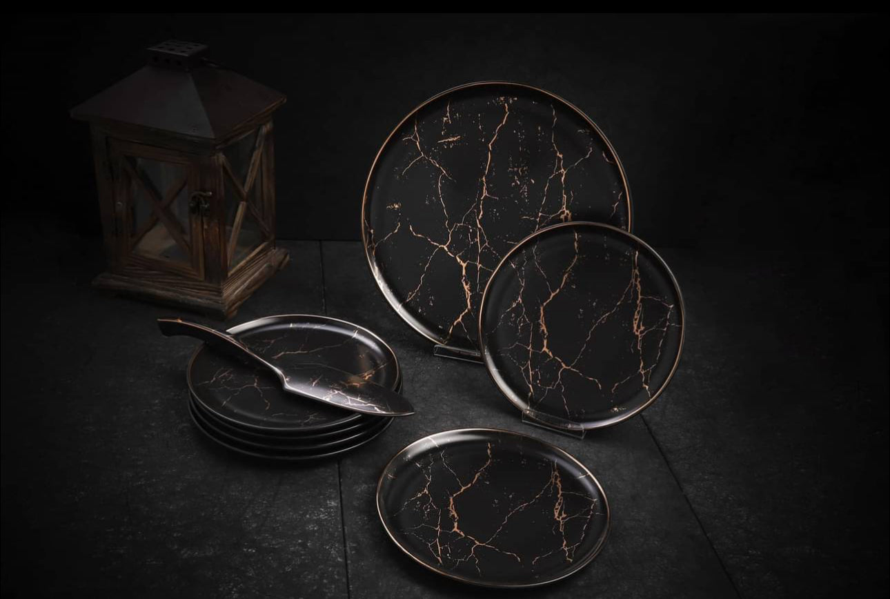 8pc Cake Serving Set - Black Marble Design