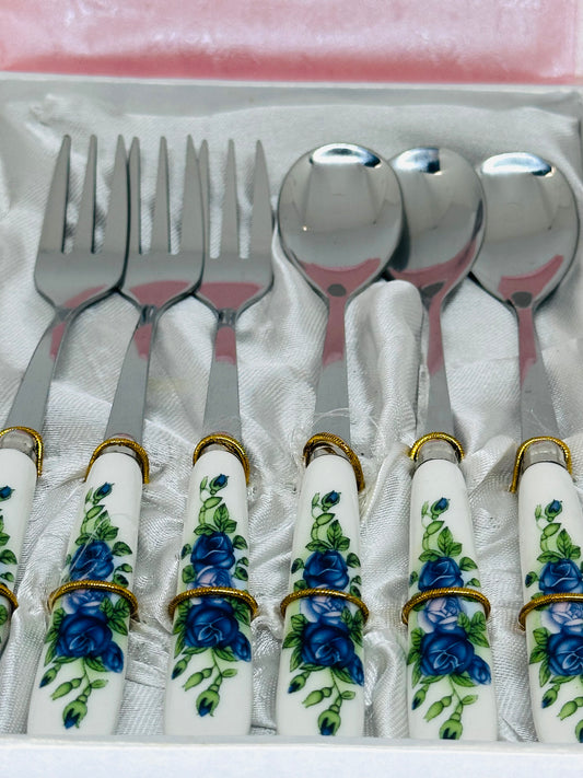 Elegant Dessert Cutlery Set with Floral Design (3 Spoons & 3 Forks) in Gift Box