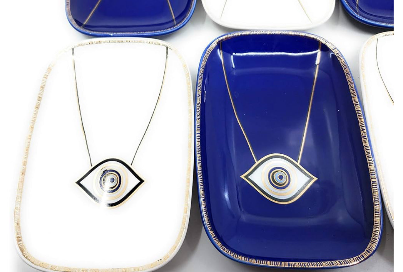 Luxury Bone China Dessert Serving Plates Set of 6 Pieces (Evil Eye Design - Rectangular)
