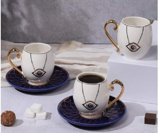 Luxury Bone China Teacup Set of 6 Cups + Saucers Evil Eye Design