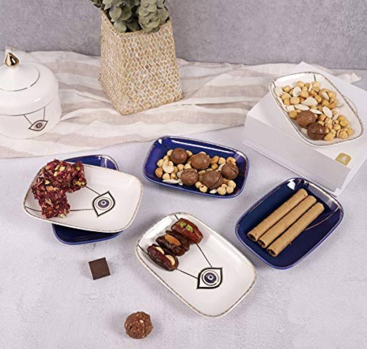 Luxury Bone China Dessert Serving Plates Set of 6 Pieces (Evil Eye Design - Rectangular)