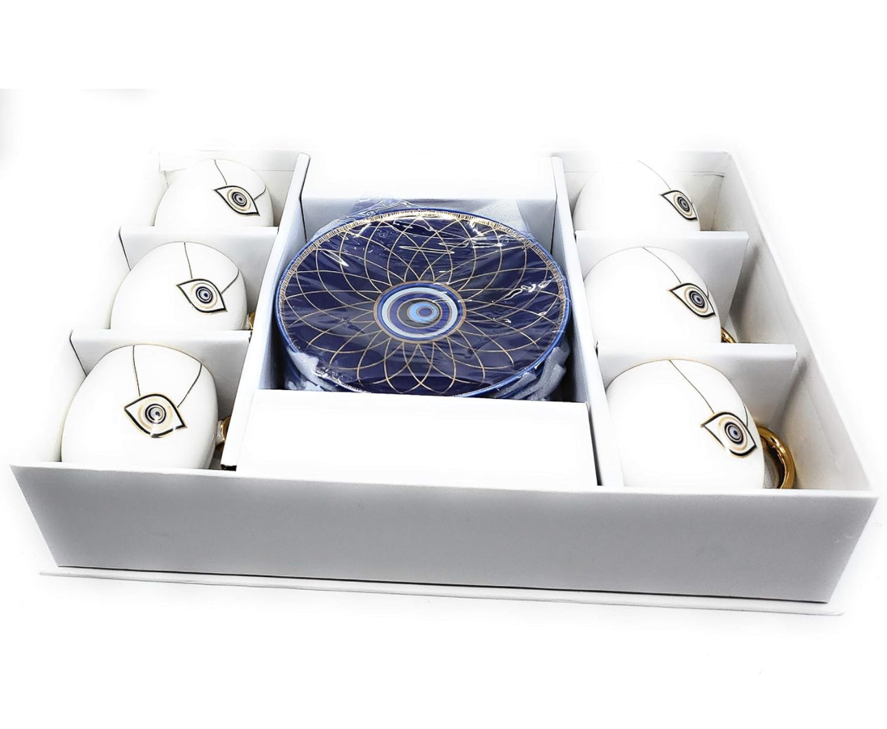 Luxury Bone China Teacup Set of 6 Cups + Saucers Evil Eye Design