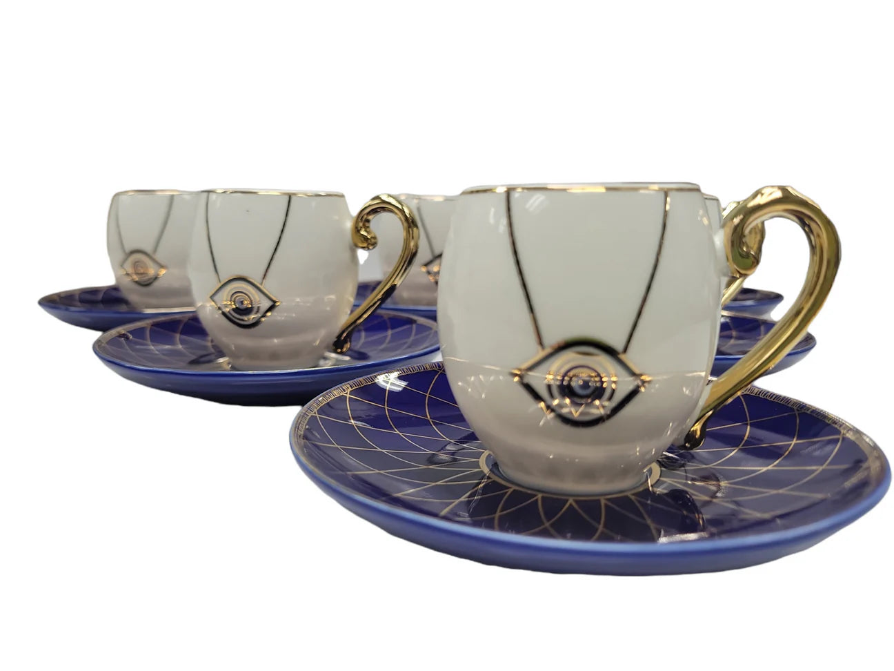Luxury Bone China Teacup Set of 6 Cups + Saucers Evil Eye Design