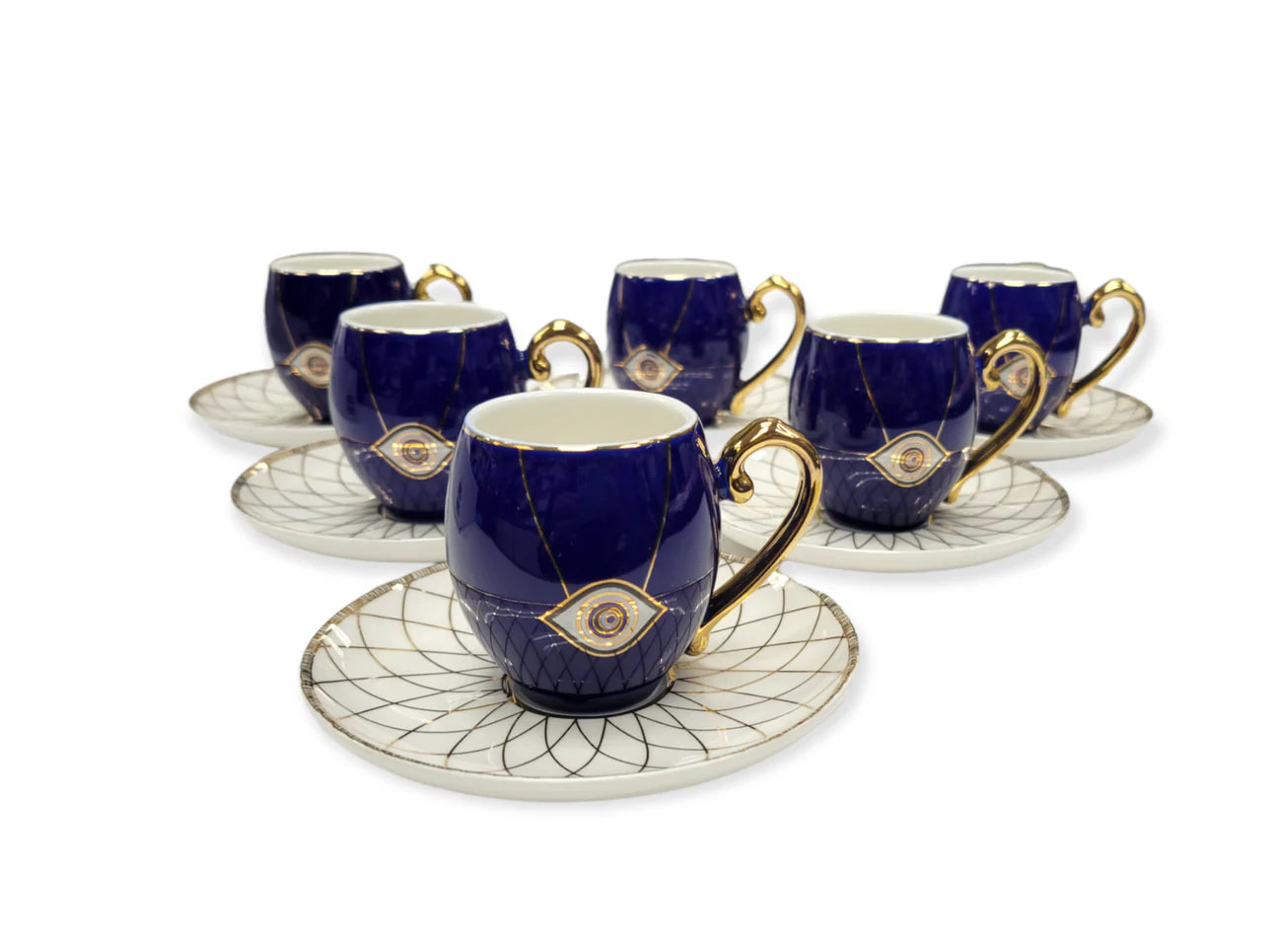 Luxury Bone China Teacup Set of 6 Cups + Saucers Evil Eye Design